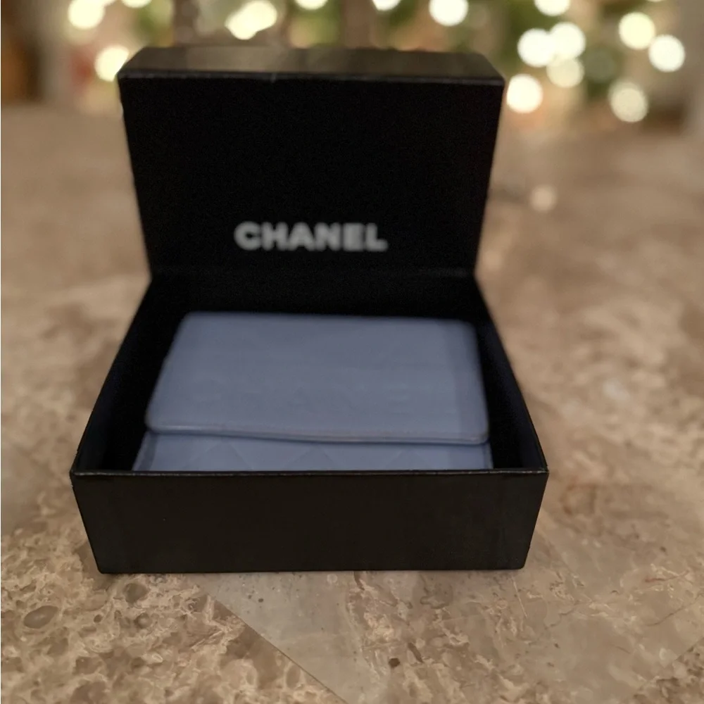 Vintage CHANEL Light Blue Quilted Logo Compact Wallet